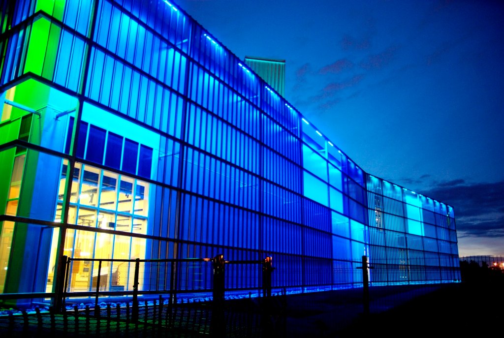 At night, variable mood lighting inset between the skin and building varies SPARKS' personality across an RGB spectrum